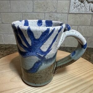 Studio Art Pottery Coffee Mug 4.75" Clay Stoneware Hand Thrown Blue Tan Spotted‎